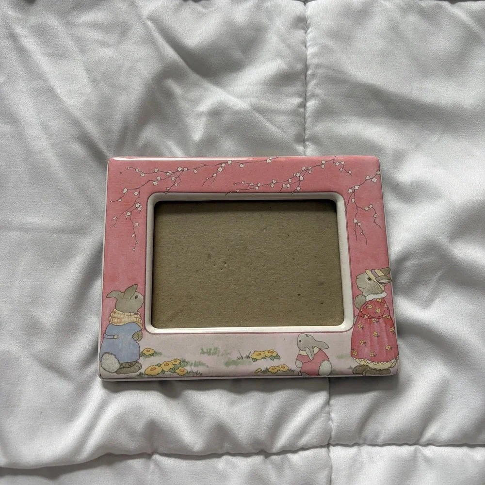 Vintage Bunny Rabbit Ceramic Picture Frame Pink Floral Nursery Decor 5x3.5